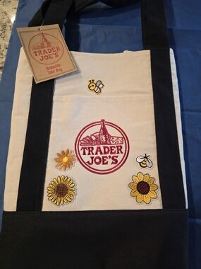 Trader Joe's Upcycle Canvas Full Size Tote Bag with Sunflower & Bee Patches